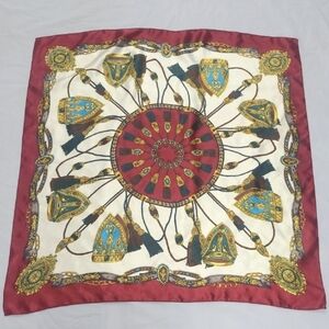 Elegant Red and Cream Satin Scarf Equestrian Style Tassels Shield Square 34"